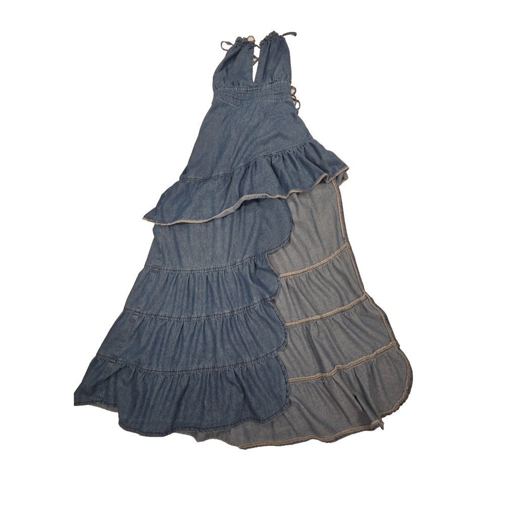 Women's Blue Denim Halter Maxi Dress Tiered Ruffle Open Back Lace-Up Boho Style